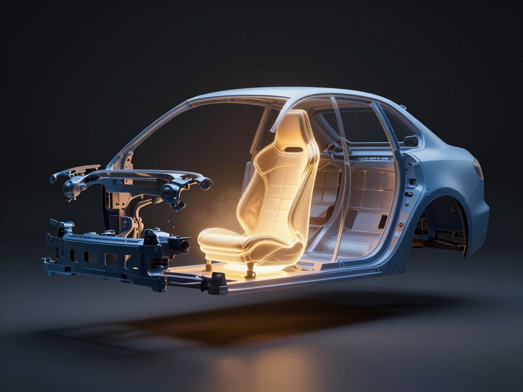 Abstract 3D car cross-section with rear center seat glowing amber, cold blue structural frame, dark void background.