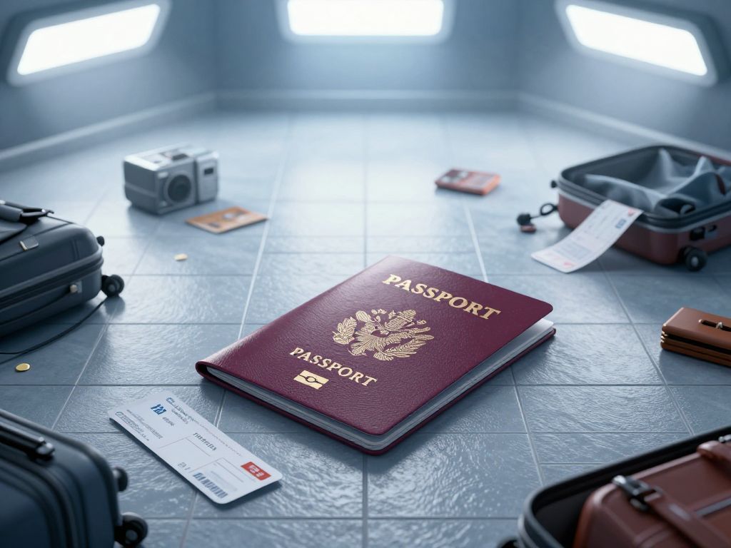 Open passport on airport floor surrounded by scattered luggage items and a fallen boarding pass on cold tiles