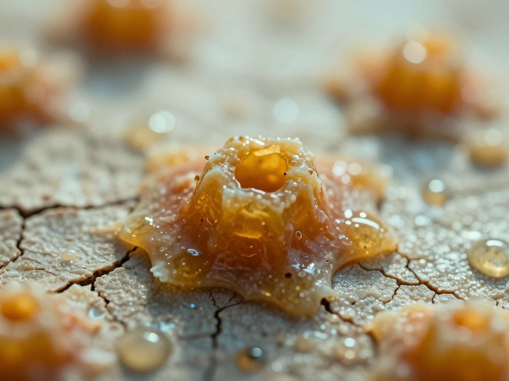 Extreme macro of amber honey-colored crust formations on cracked textured surface with glistening fluid droplets under harsh light