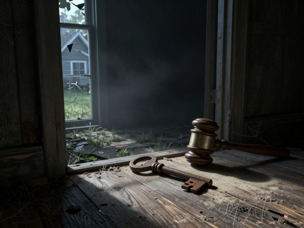 Rusted house key and cracked wooden gavel on dusty surface, overgrown lawn glimpsed through broken window, dark doorway beyond
