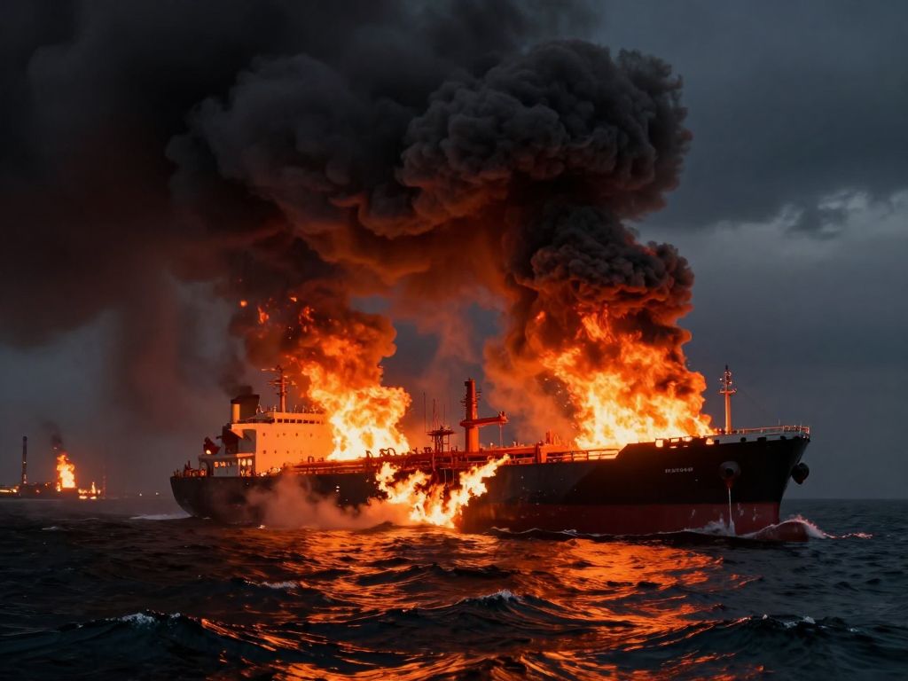 Burning oil tanker splitting apart in flames and black smoke on dark sea at dusk, refinery fires glowing on distant horizon.