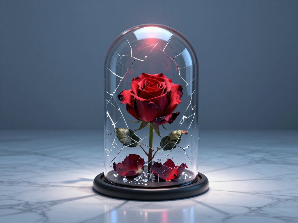 A wilting rose trapped inside a cracked glass dome, shattered crystal shards scattered across cold white marble.