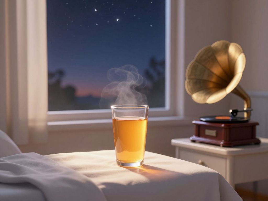 Amber glass of apple juice glowing on white linen beside spinning vinyl gramophone, soft light, empty hospice room, night sky window