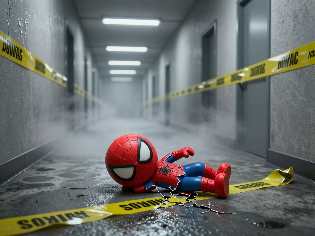 Cracked plastic toy on wet concrete floor beside yellow police tape stretched across an open apartment doorway