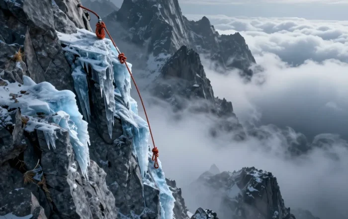 Frayed rope breaking on a steep icy mountain ridge above swirling clouds