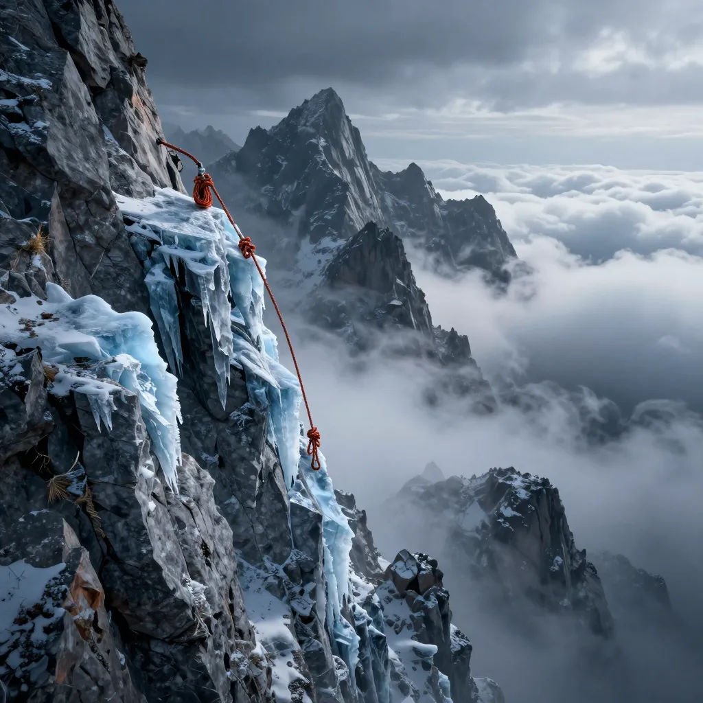 Frayed rope breaking on a steep icy mountain ridge above swirling clouds
