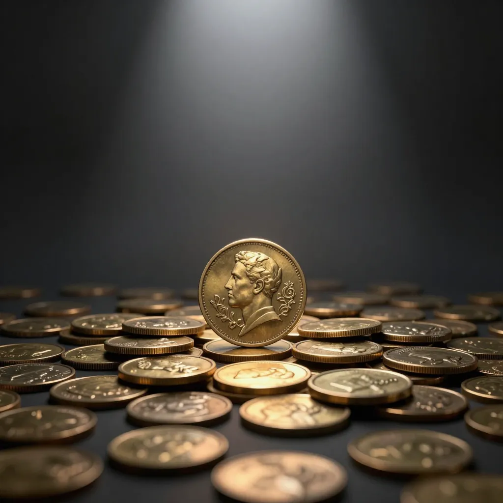 Close-up of an ornate gold coin standing apart from scattered ordinary coins on a dark surface