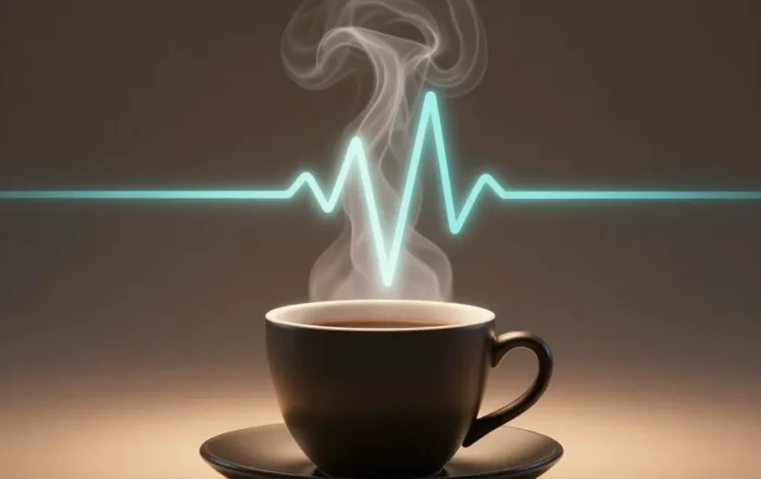 Black coffee cup with steam rising in the shape of a heartbeat line against a dark background
