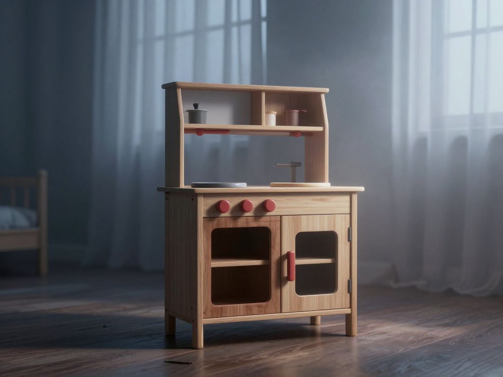 Wooden toy kitchen with a dark empty opening, lit by cold light in a quiet room