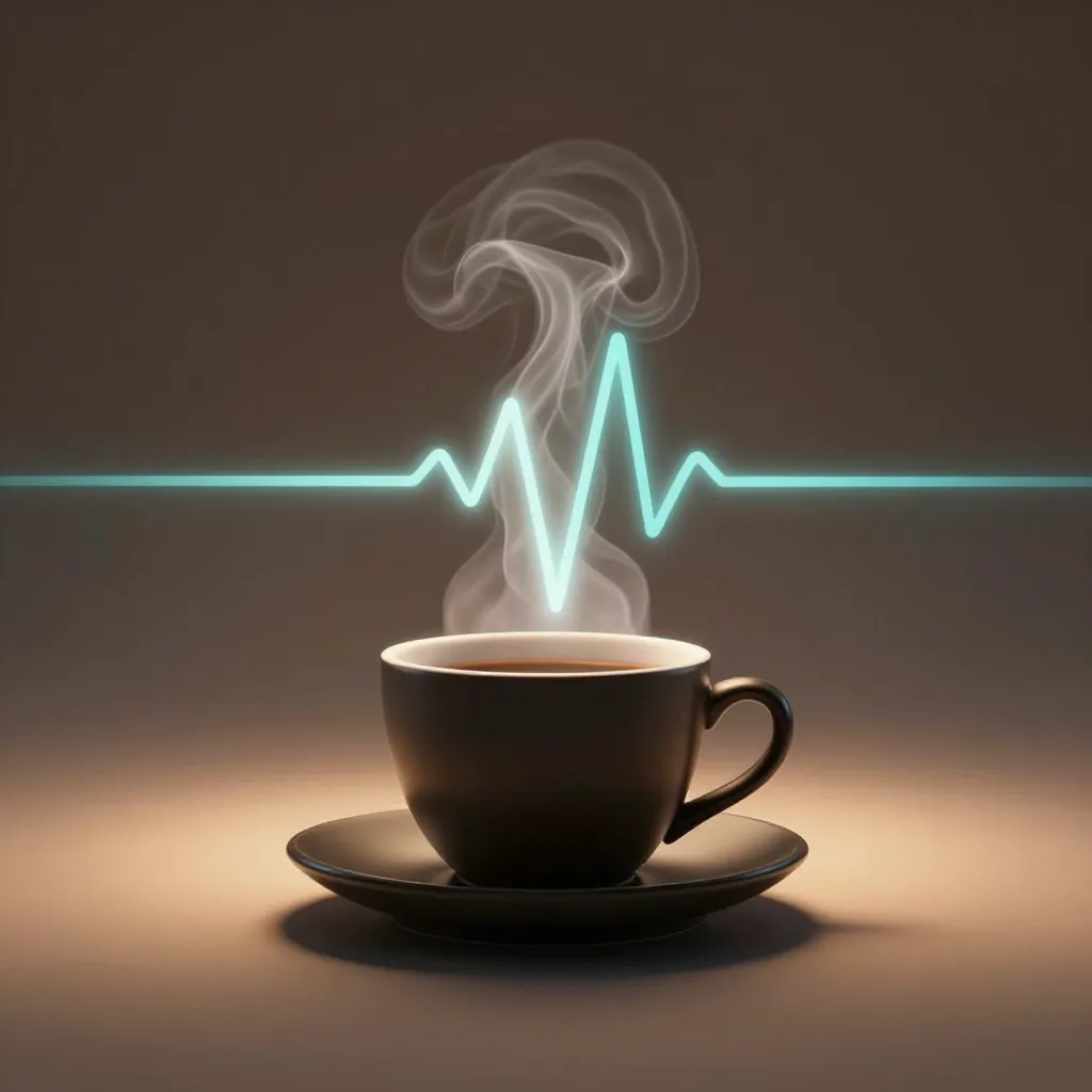 Black coffee cup with steam rising in the shape of a heartbeat line against a dark background