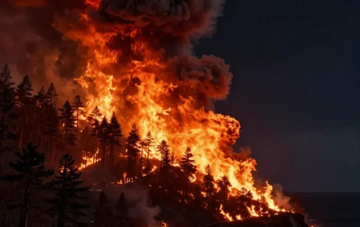 Massive wildfire burning across a hillside above a dark coastal town at night