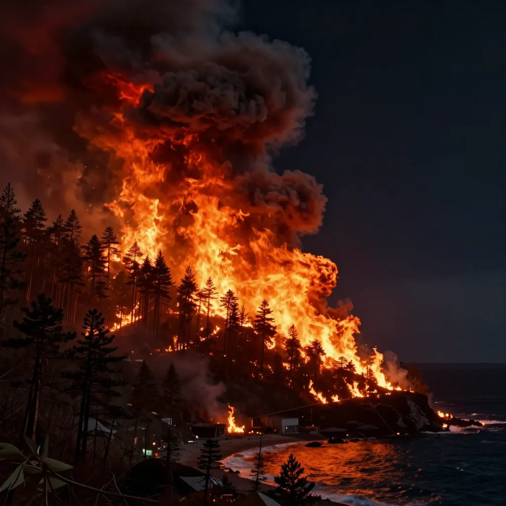 Massive wildfire burning across a hillside above a dark coastal town at night