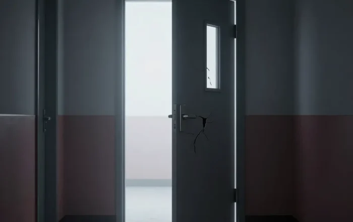 Empty school corridor with a single door left slightly open, harsh light spilling onto cracked floor tiles