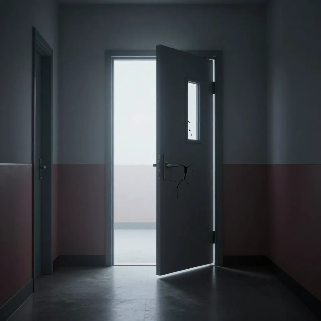 Empty school corridor with a single door left slightly open, harsh light spilling onto cracked floor tiles