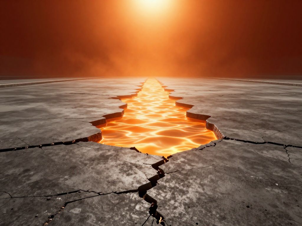 Cracked concrete pavement radiating heat shimmer under a deep orange sky with no people present