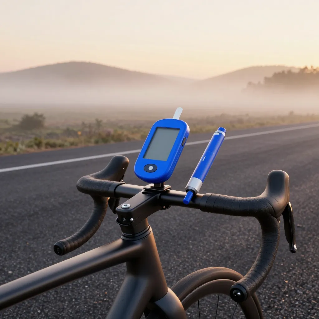 Glucose sensor and insulin pen mounted on bicycle handlebars against a blurred racing road at dawn