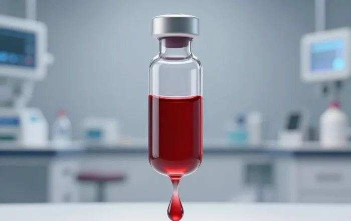Nearly empty glass vial of red blood on a clinical white surface with soft background blur