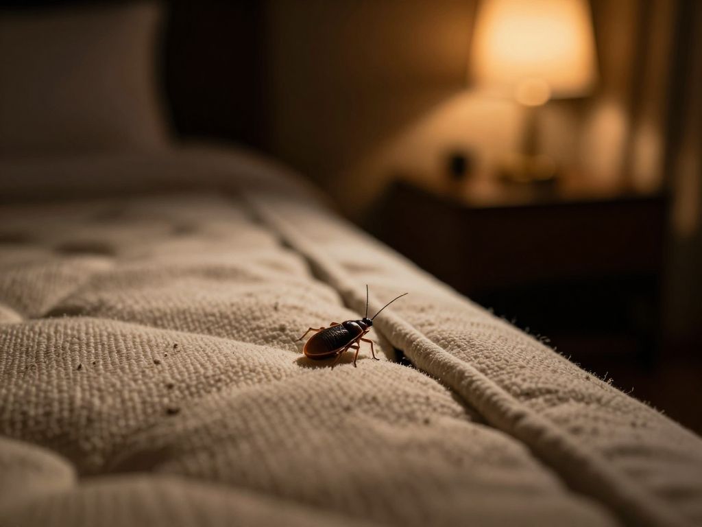 Extreme macro view of a small insect hidden within a mattress fabric seam under warm light