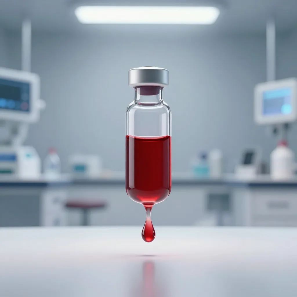 Nearly empty glass vial of red blood on a clinical white surface with soft background blur