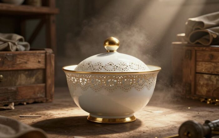 Ornate gilded porcelain sugar bowl with pierced lattice pattern glowing on a dusty attic shelf