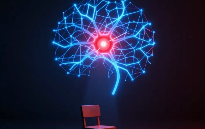 Glowing blue neural network with one red warning node illuminating an empty small chair in darkness