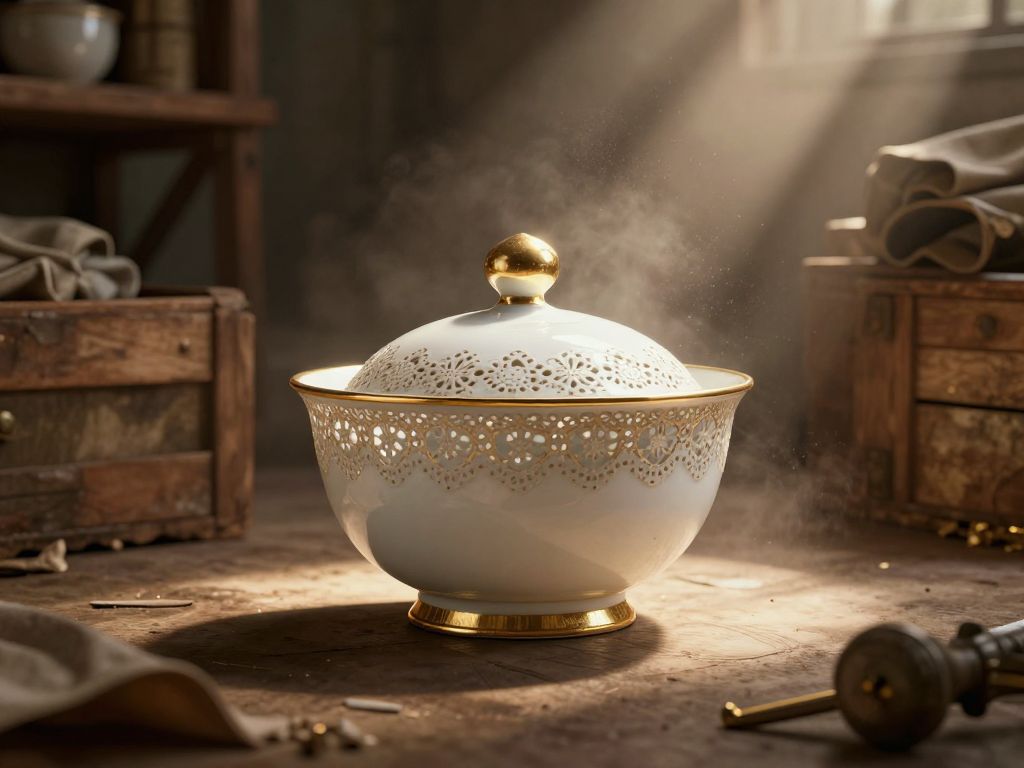 Ornate gilded porcelain sugar bowl with pierced lattice pattern glowing on a dusty attic shelf