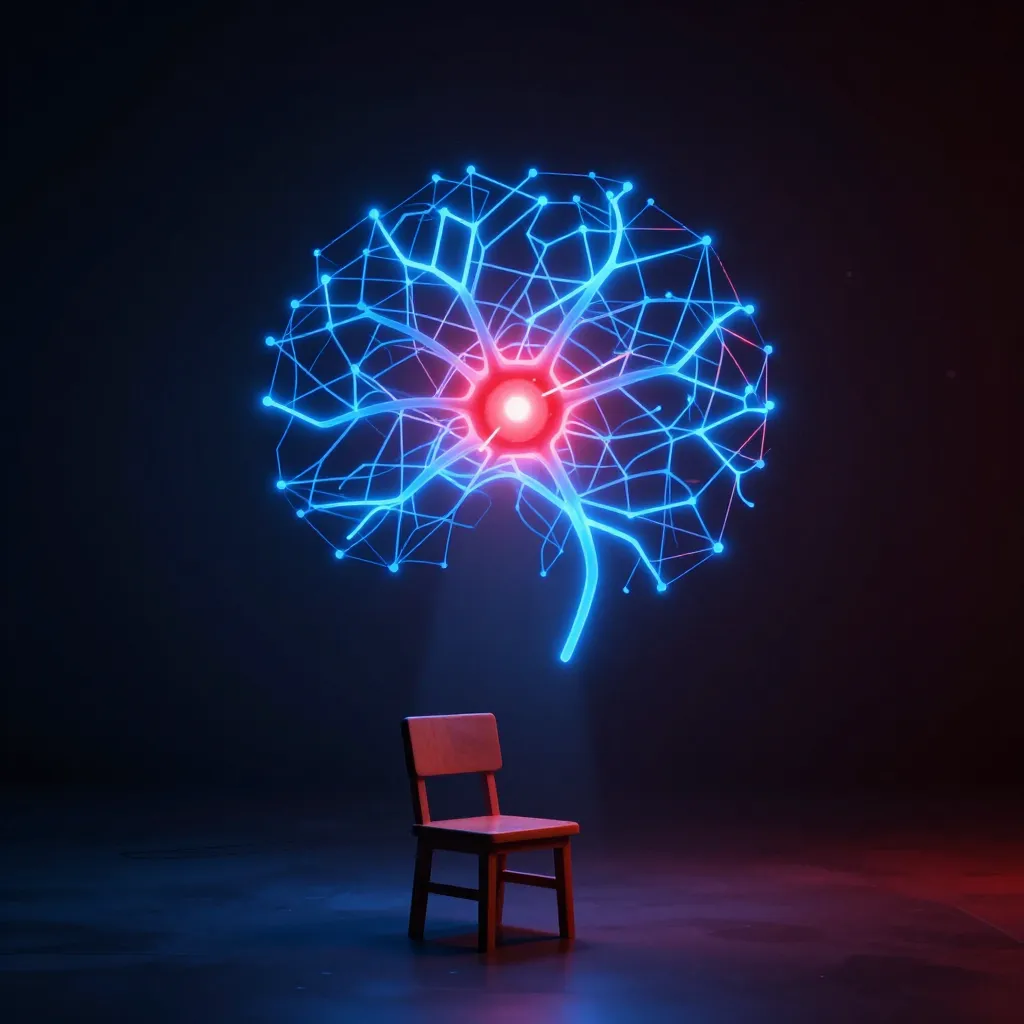 Glowing blue neural network with one red warning node illuminating an empty small chair in darkness