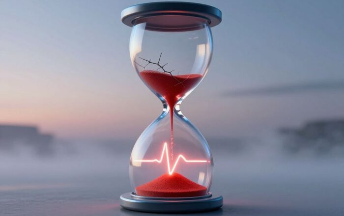 Cracked hourglass with red sand forming a heartbeat line against a cold blue dawn background