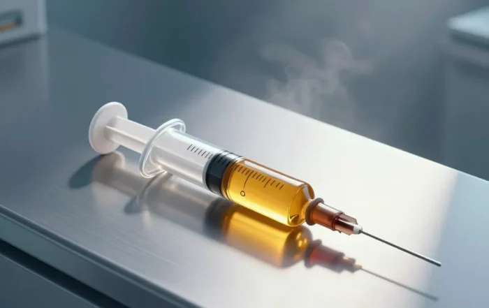 Glass medical syringe filled with amber gel casting a warning-shaped shadow on a steel clinical surface