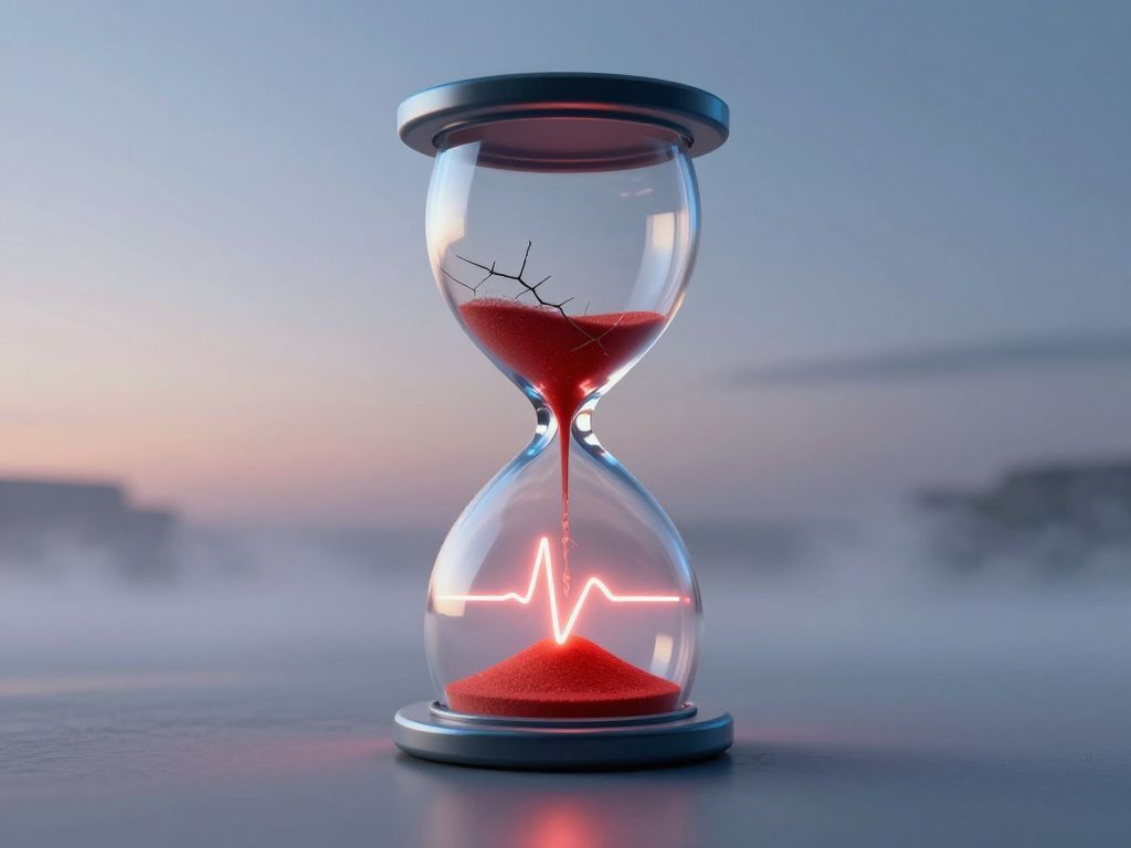 Cracked hourglass with red sand forming a heartbeat line against a cold blue dawn background