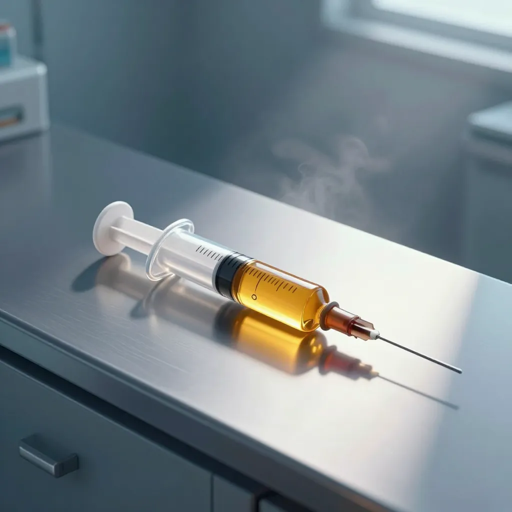 Glass medical syringe filled with amber gel casting a warning-shaped shadow on a steel clinical surface
