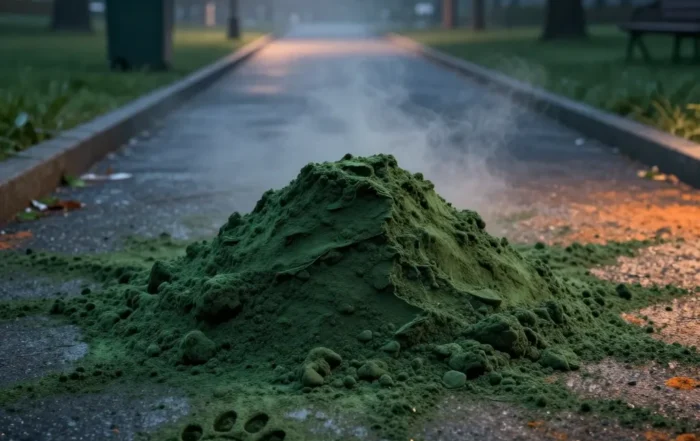 Spilled dark green powder on a park path with an animal paw print leading away from it