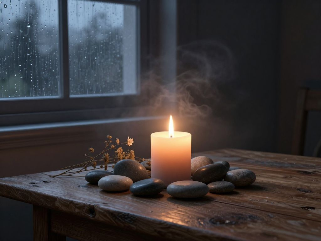 A candle flame glows beside smooth river stones and dried flowers on a worn wooden table.