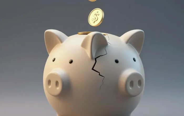Cracked piggy bank being refilled with gold coins against a soft studio background