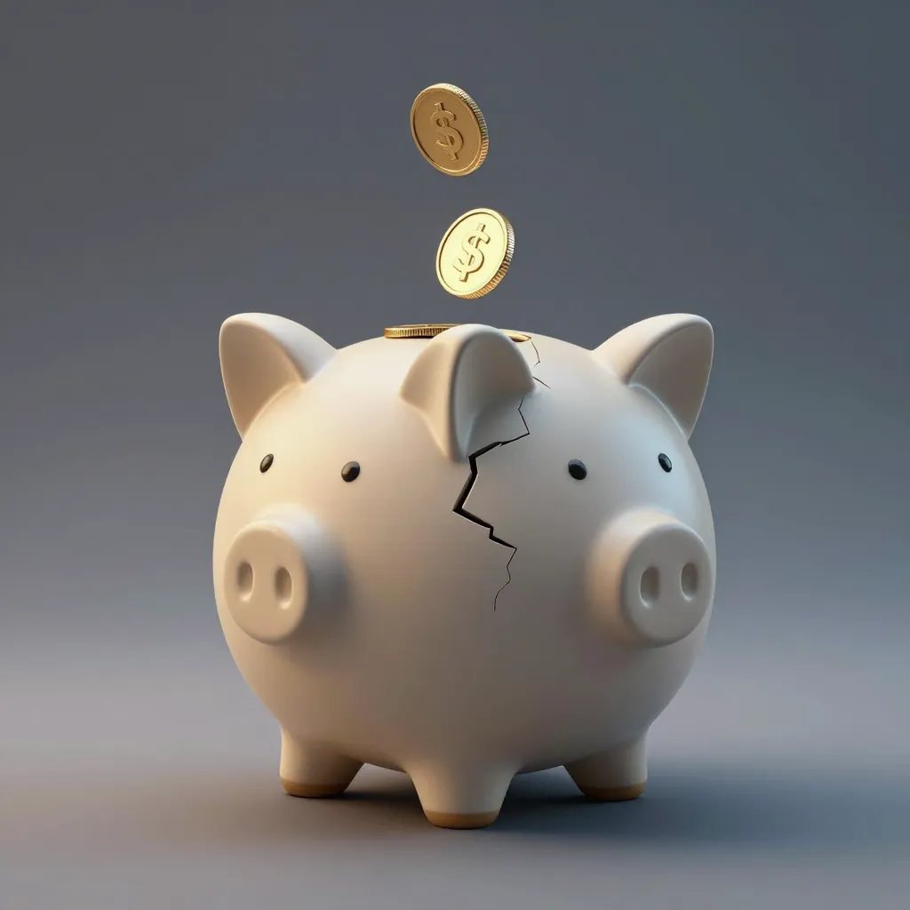 Cracked piggy bank being refilled with gold coins against a soft studio background