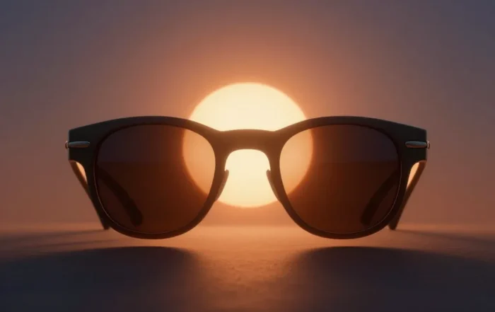 Crescent sun eclipse reflected in dark protective glasses lenses against twilight sky