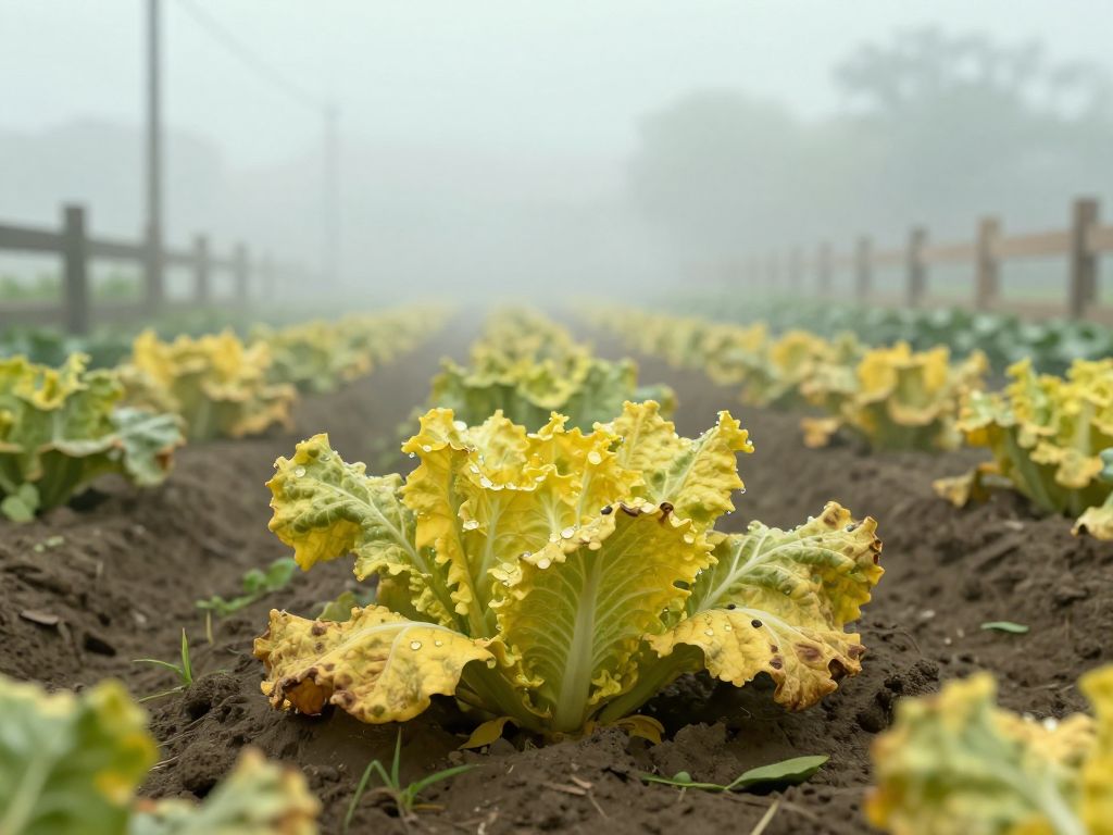 Rows of yellowing vegetable plants under a hazy grey sky in a rural garden plot
