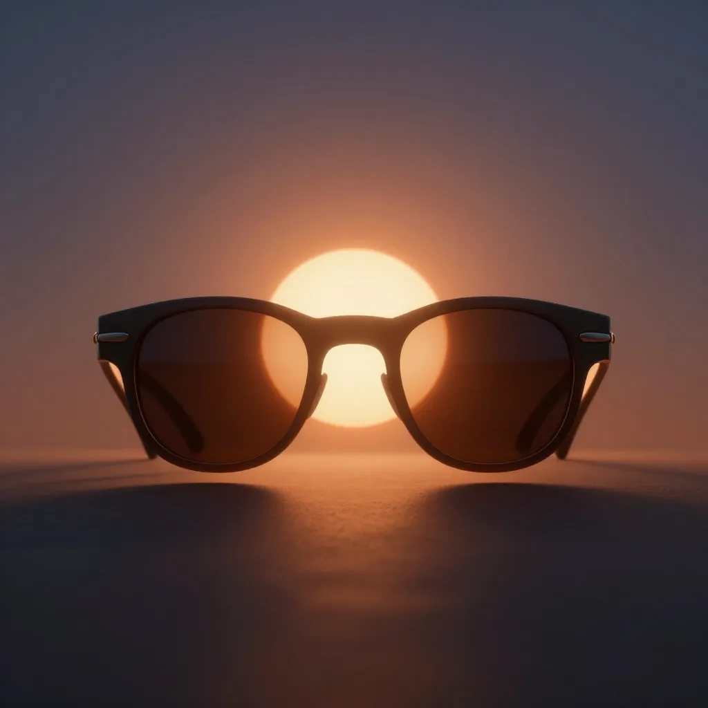 Crescent sun eclipse reflected in dark protective glasses lenses against twilight sky