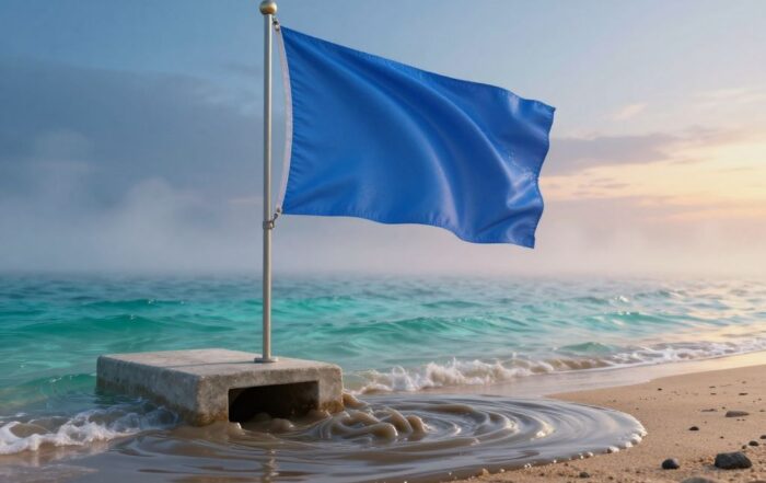 Blue flag on a beach with murky discharge water spreading through clear shallow tide pool near a drainage pipe.