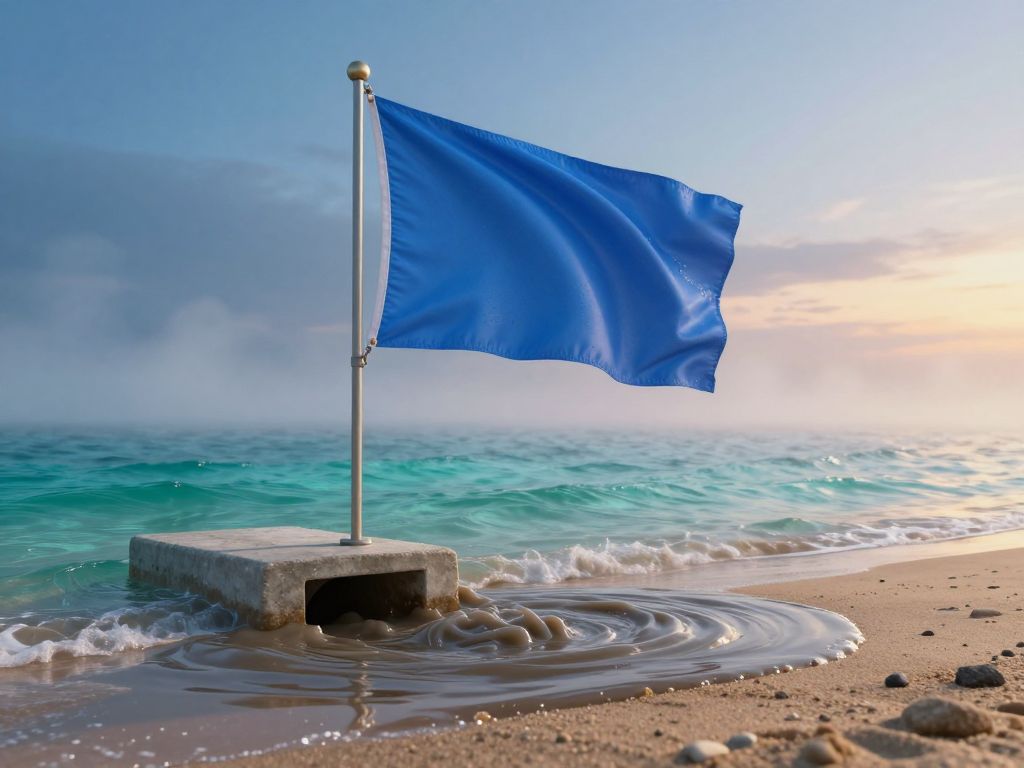Blue flag on a beach with murky discharge water spreading through clear shallow tide pool near a drainage pipe.