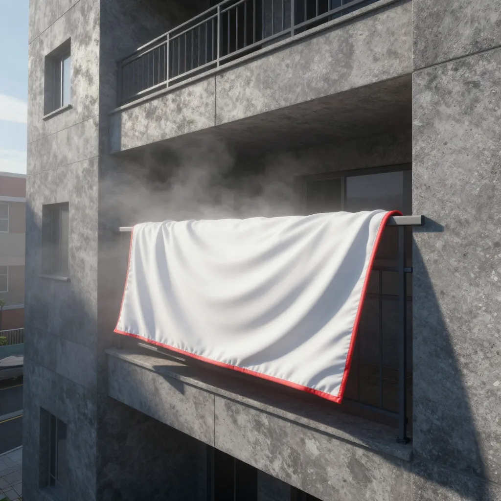 A blanket stretched taut below a tall apartment balcony against a pale sky, no people visible.