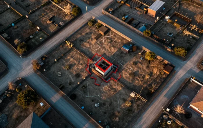 Aerial view of a garden plot showing a small structure with a cracked red outline within property boundaries