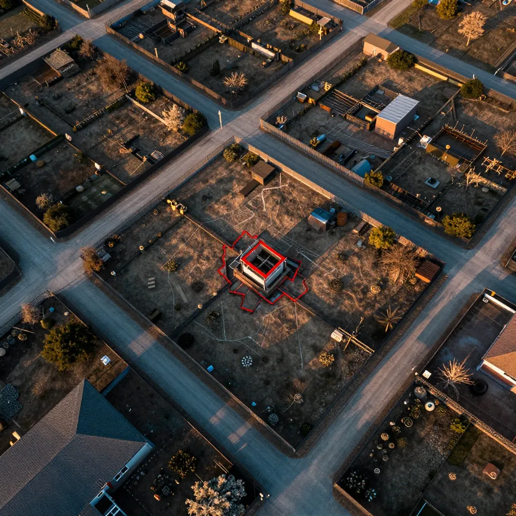 Aerial view of a garden plot showing a small structure with a cracked red outline within property boundaries