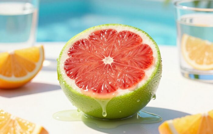 Close-up of lime juice dripping onto skin with red blistering burn pattern under bright sunlight