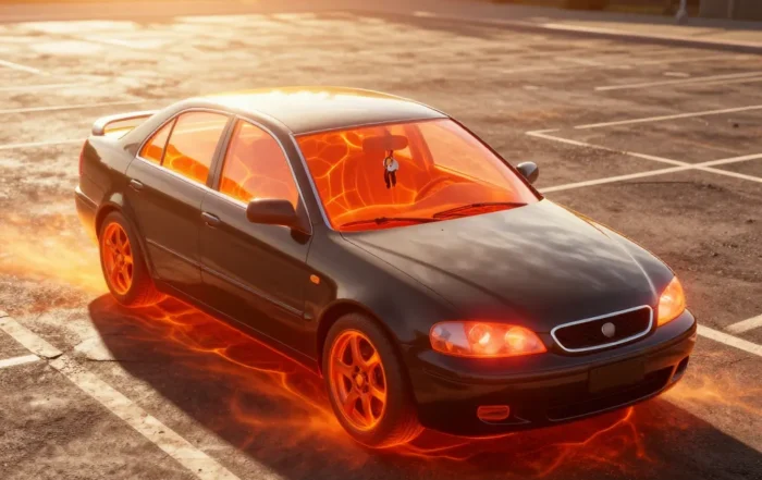 Dark car parked under blazing sun with heat haze rising, keys visible through the windshield
