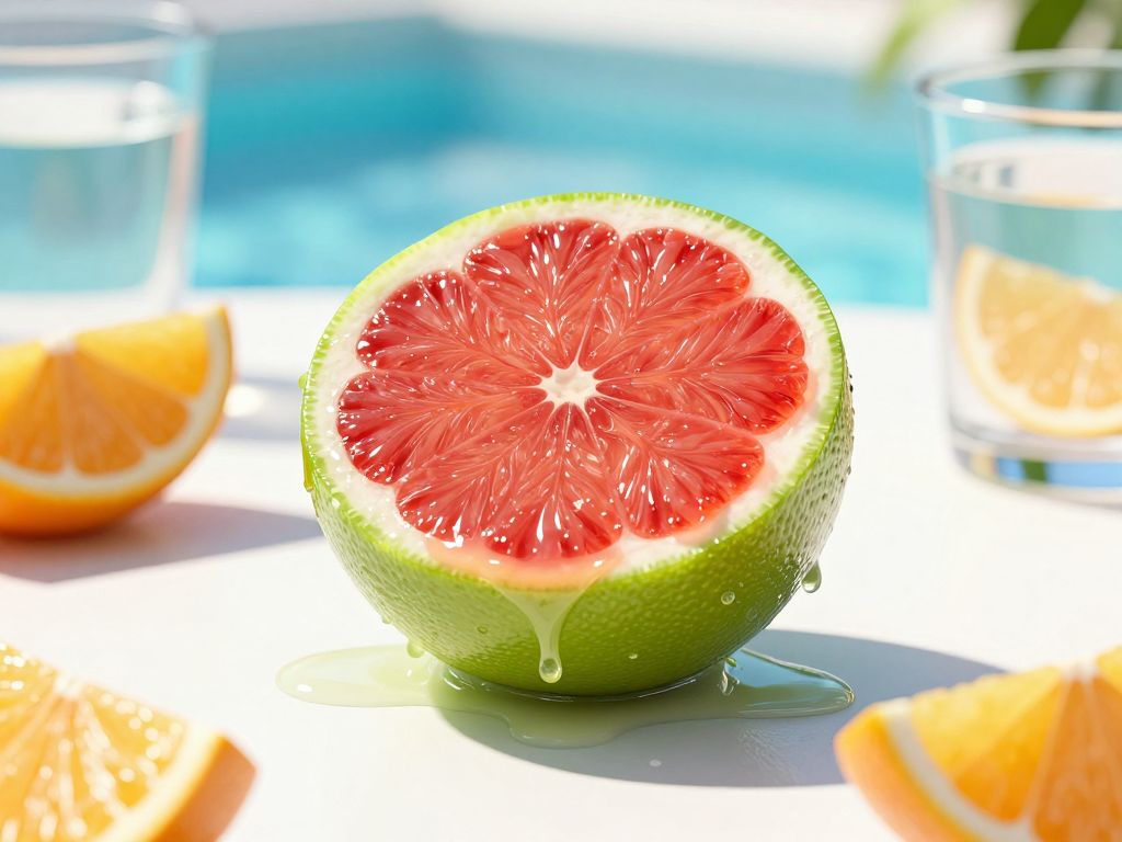 Close-up of lime juice dripping onto skin with red blistering burn pattern under bright sunlight