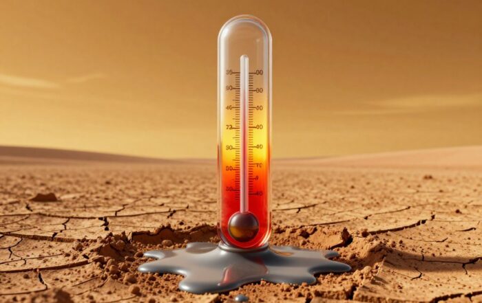 Melting thermometer sinking into cracked, sunbaked earth under a heavy amber sky.