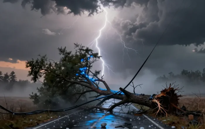 Fallen tree with snapped power line and scattered hailstones on wet road under stormy sky