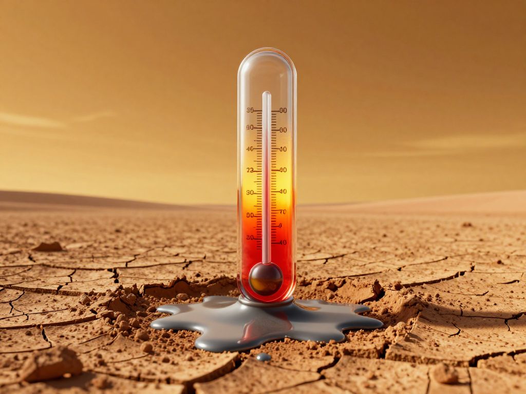 Melting thermometer sinking into cracked, sunbaked earth under a heavy amber sky.