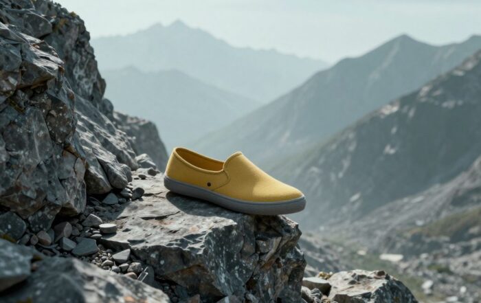 A single slipper resting on a jagged rocky mountain trail beneath towering peaks